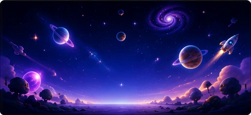 A wide cosmos with six cat silhouettes huddled and one tiny kitten still asleep in the distance.