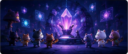 One bright star with a soft aurora ring lights up the cosmos. The seven cats look up.